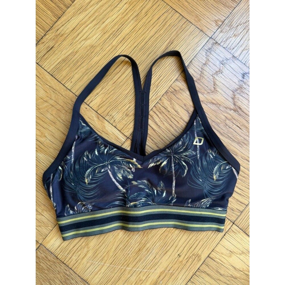 Lorna Jane Palm Print Sports Bra, Size XS, EUC, Black/Gold/Olive Green